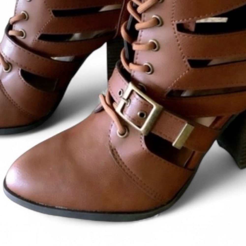 Cut-Out Lace Up High Heeled Ankle Booties Brown Chestnut Women’s Sizes NIB - Picture 9 of 13
